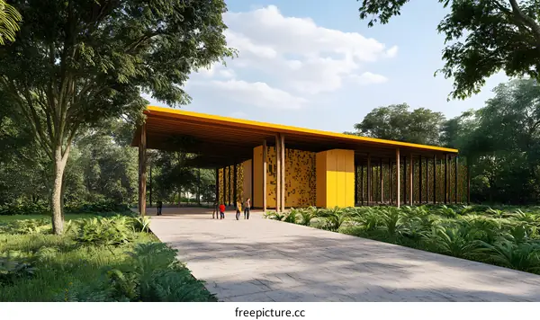 Modern Yellow Building In The Middle Of The Woods