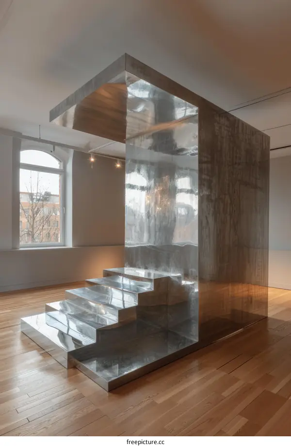Stainless Steel Mirrored Sculpture of Stairs and Platform