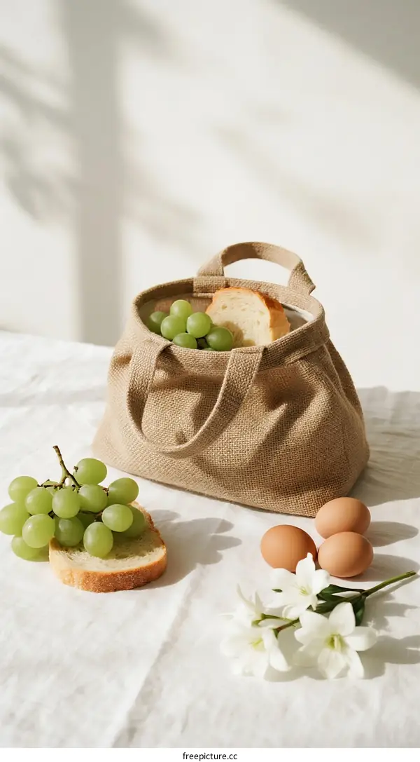 Fresh Green Grapes and Sliced Bread in a Canvas Bag