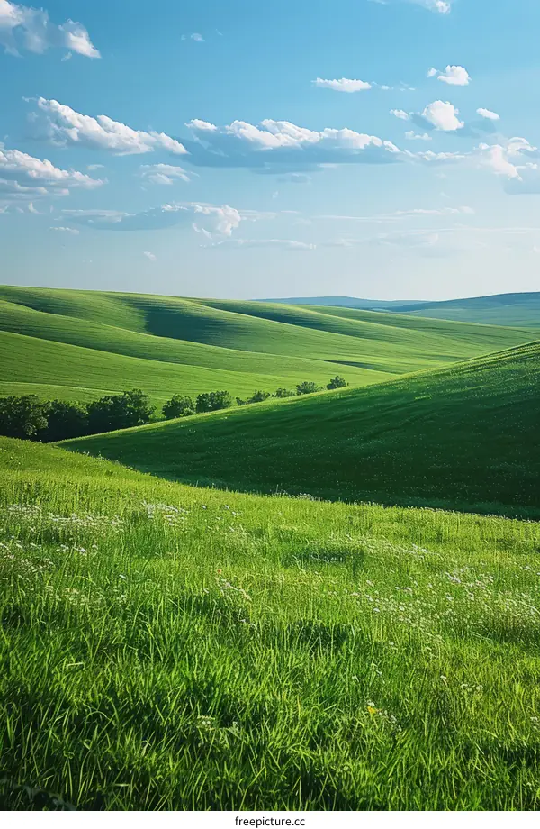 Rolling Green Hills Underneath a Blue Sky with White Clouds