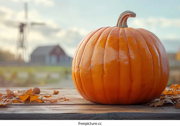 A large pumpkin sits on a wooden table with a blurred background of a windmill and barn in the distance