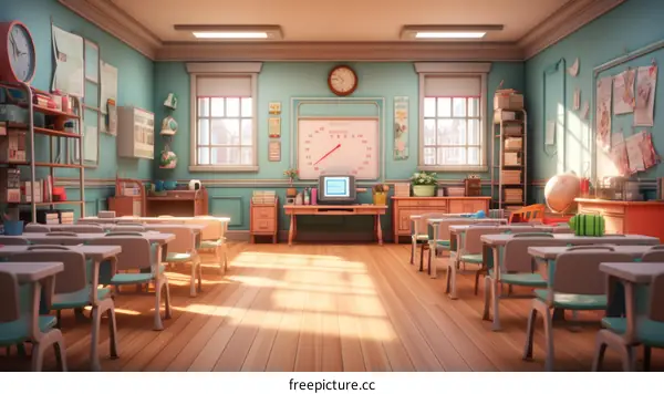 Classroom: Wood floor and blue walls