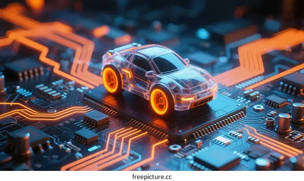 Futuristic Car Model on Circuit Board with Glowing Paths