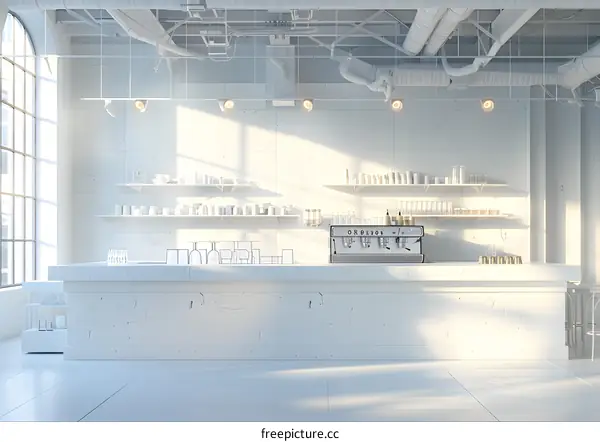 Minimalist white coffee shop interior
