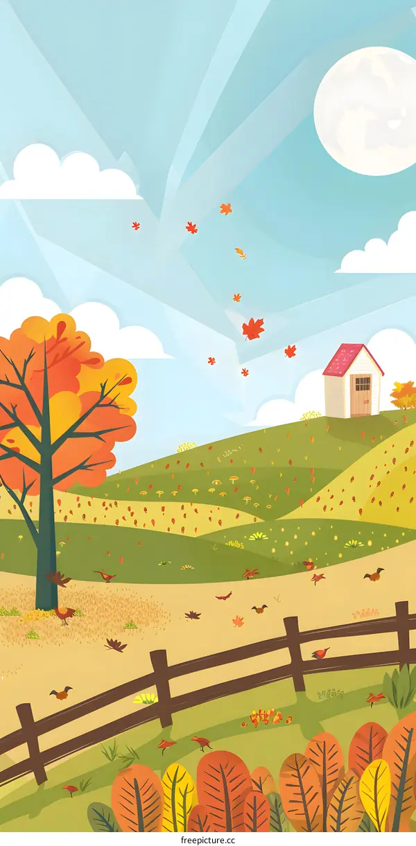 Autumn Landscape Illustration with Falling Leaves