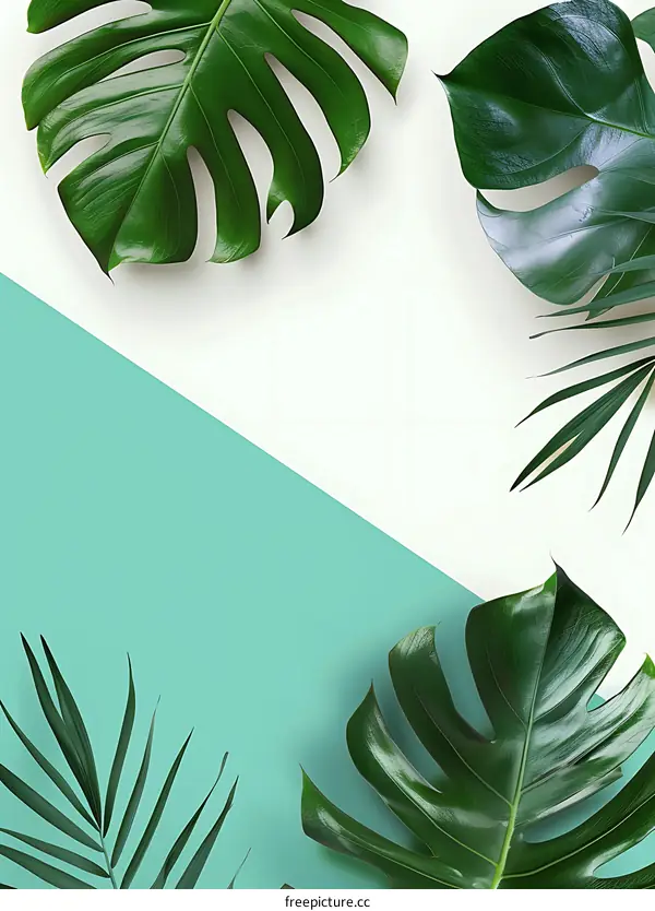 Green Tropical Leaves on White and Blue Background