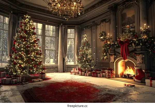 Christmas trees in front of the fireplace