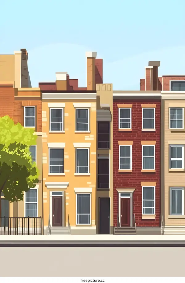Row of Colorful Townhouses With Green Tree Illustration