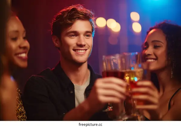 Friends toasting with drinks in a nightclub