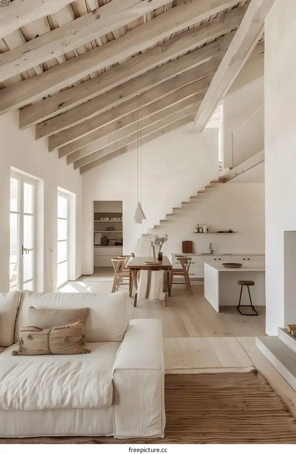 Modern Minimalist Living Room Interior Design With Wooden Beams And White Walls