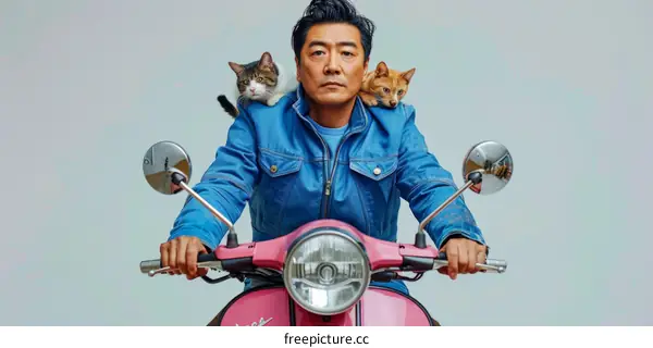 Japanese comedian Ken Shimura poses with two cats on his shoulders