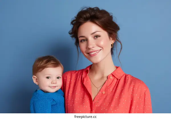 Mother and Child Portrait Against a Blue Background