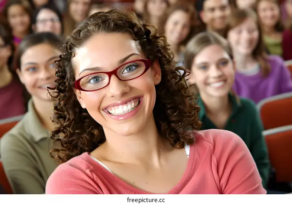 Smiling Woman In Glasses In Audience Of People