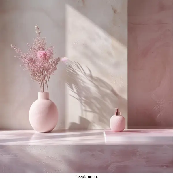 Monochrome Pink Still Life Ceramic Vase Floral Bouquet Soap Dispenser Shelf
