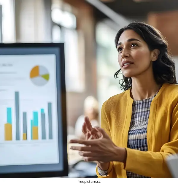 Businesswoman Giving Presentation with Charts on Screen