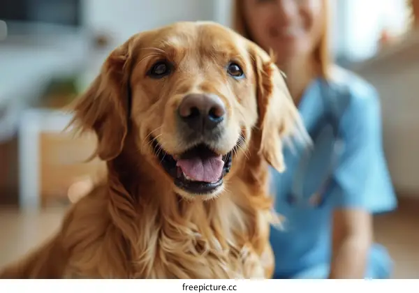 Close-up of a golden retriever dog with a veterinarian in the background