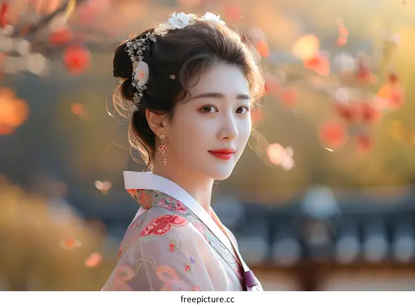 Portrait of a young woman in traditional Korean dress, or Hanbok