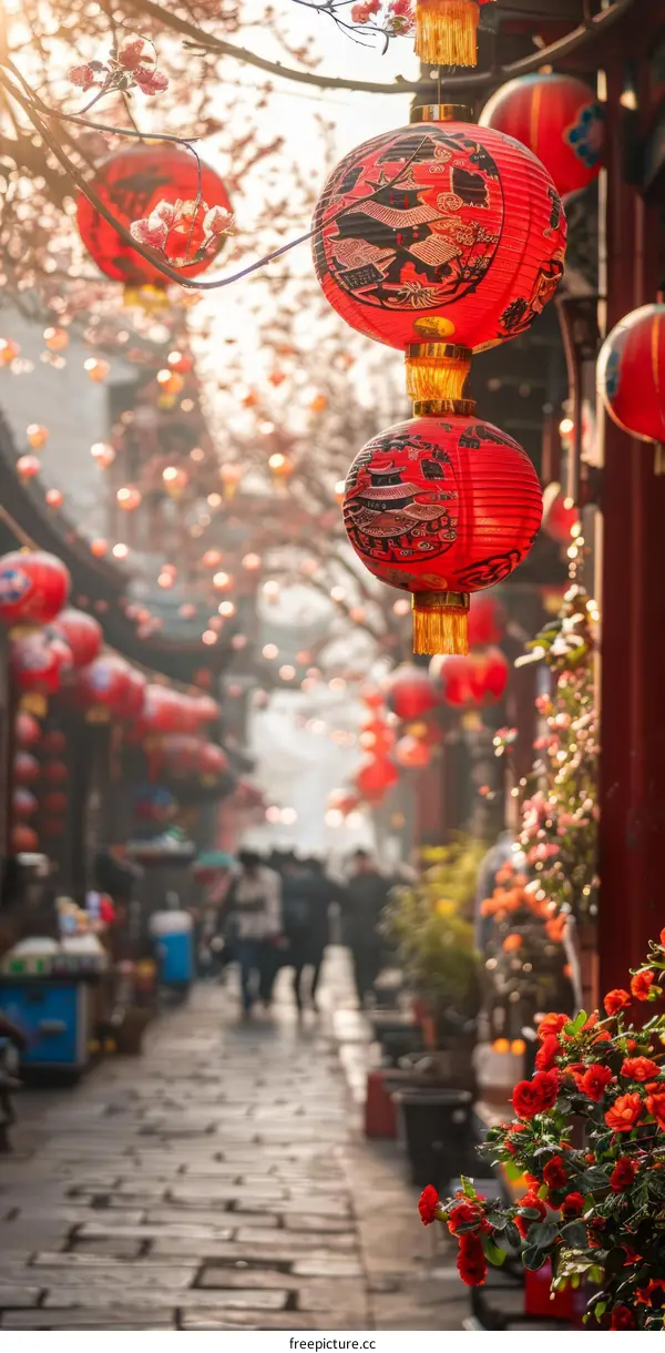 Red lanterns hanging in a street with cherry blossoms