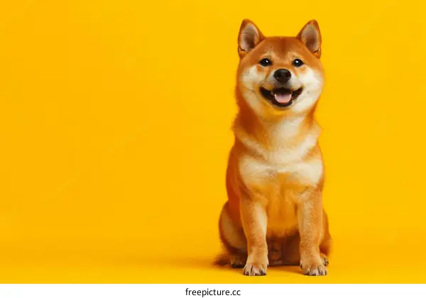 Studio shot of a happy Shiba Inu dog sitting on yellow background
