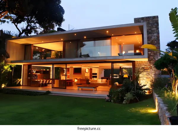Modern Minimalist House with Stone Wall and Glass Doors