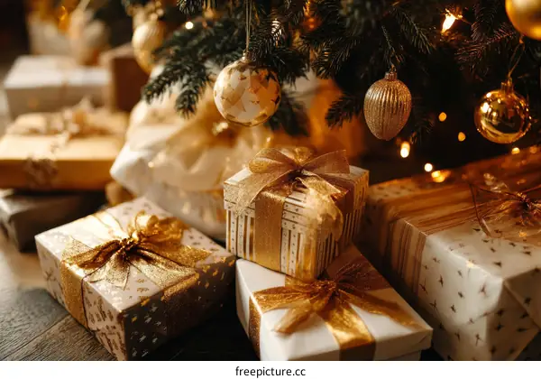 Golden Christmas Gifts Under the Tree