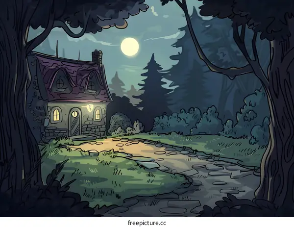 Nighttime Cottage In The Woods