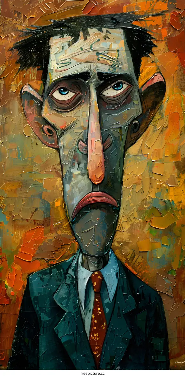 A painting of a man with a long nose and a sad expression on his face