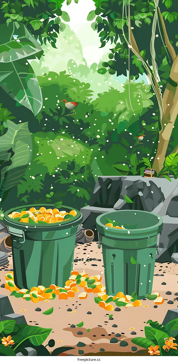 Orange Slices Scattered On Ground In Green Forest