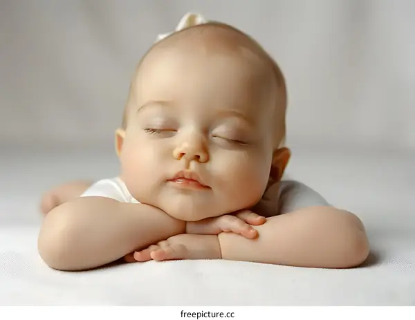 A sleeping baby is lying on a white blanket