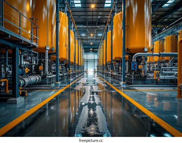 Large Yellow Storage Tanks and Stainless Steel Piping at a Chemical Plant