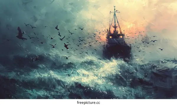 Fishing Boat Struggling in Stormy Seas with Gulls Circling