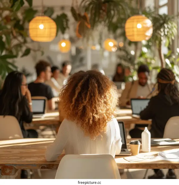 Afro hair woman working on laptop in a coworking space with other people in the background