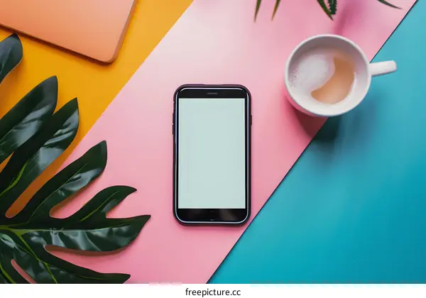 Flat Lay of Smartphone, Coffee Cup, and Leaves on Colorful Background