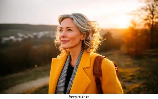 Woman in Yellow Coat at Sunset