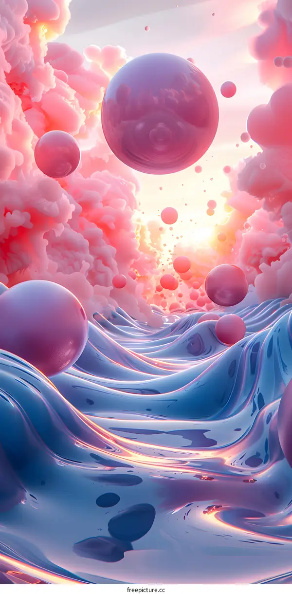 Pink Spheres Float Through Blue Waves