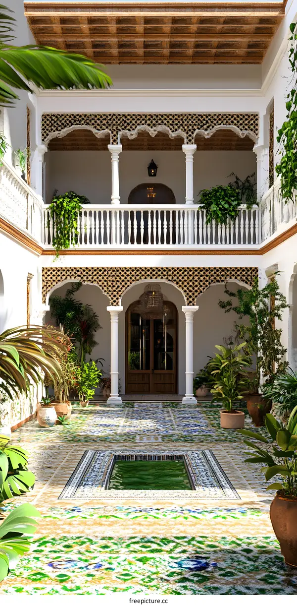 Mediterranean Courtyard with a Fountain and Lush Greenery