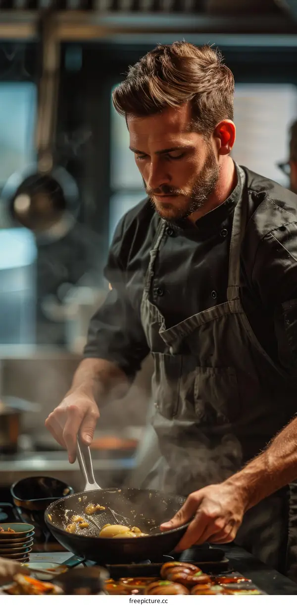 Focused male chef cooking in a restaurant kitchen