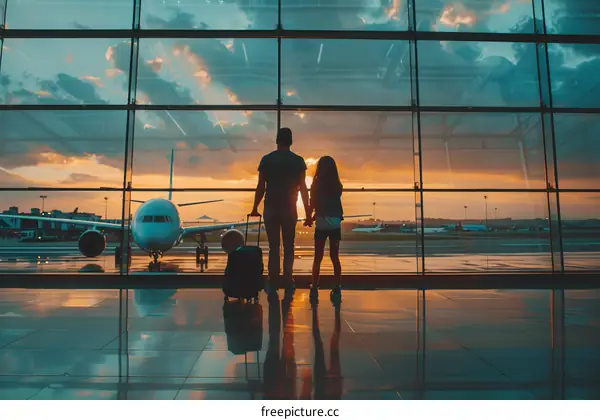 Father and daughter at the airport looking at airplanes