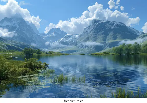 Majestic Mountain Lake Landscape with Blue Sky and Clouds