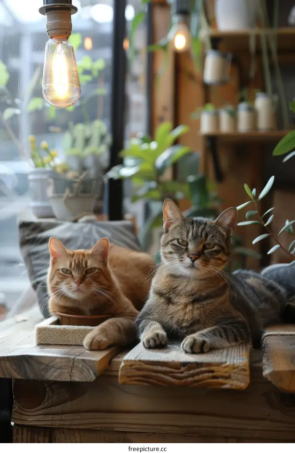 Two cats are sitting on a wooden table in front of a window.