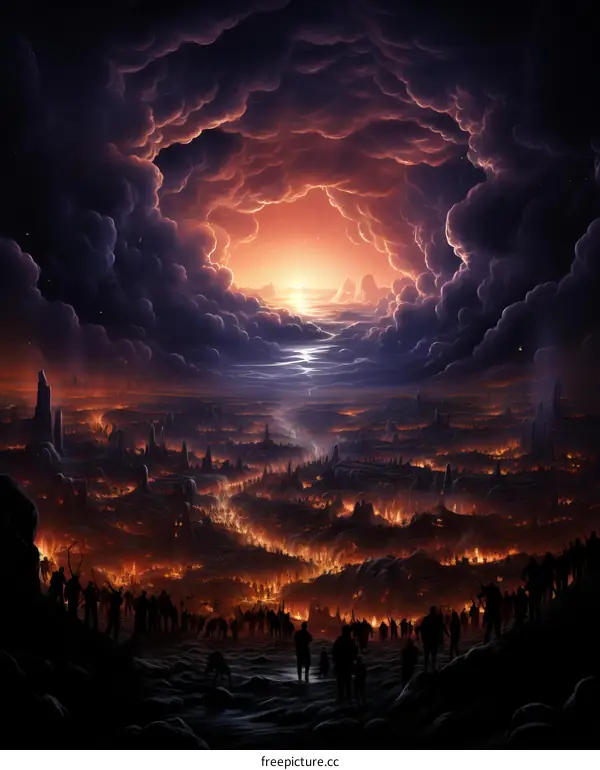 An illustration of a group of people walking through a ruined city towards a bright light