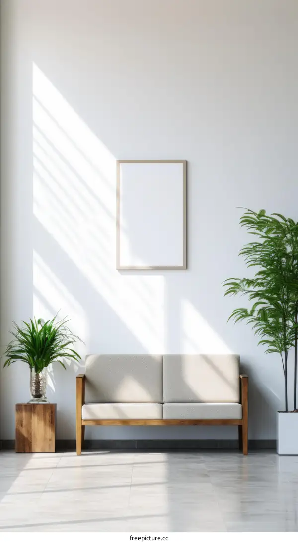Bright Living Room With Plants and Blank Frame
