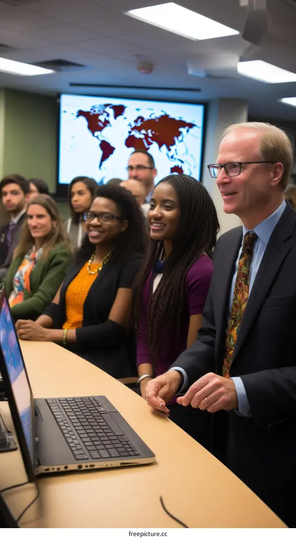 Diverse group of students attentively listening to a presentation in a classroom