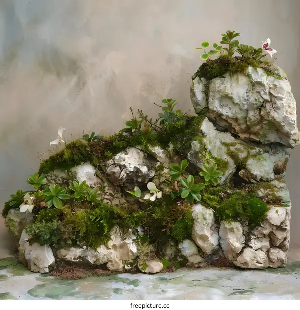 Stone and Moss Miniature Garden with Small White Flowers