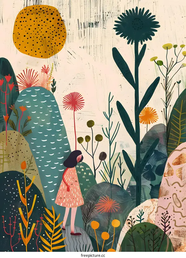 Girl Walking in a Colorful Garden Illustration