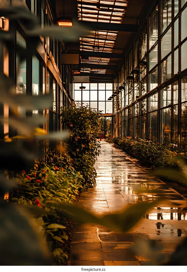 Glass Walkway with Plants and Wet Stone Path
