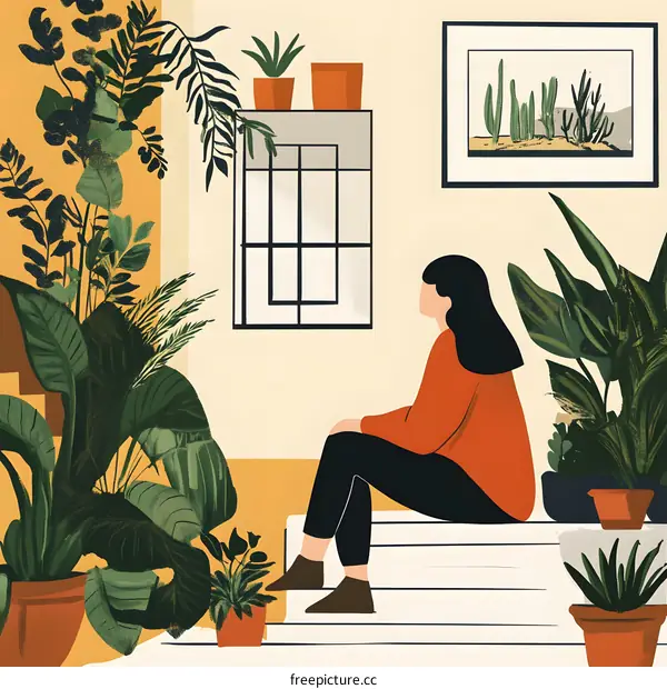 Woman Sitting in a Room with Plants and a Window