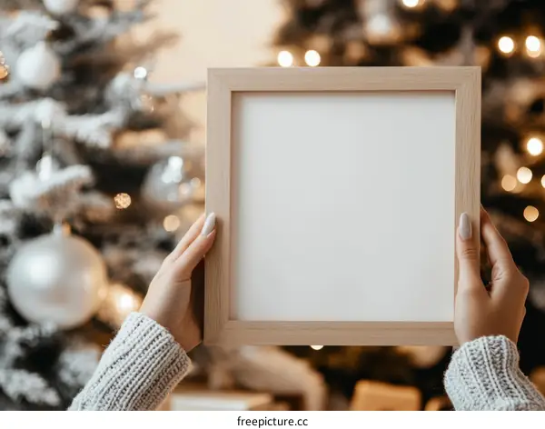 Blank Wooden Frame Held by a Woman by Christmas Tree