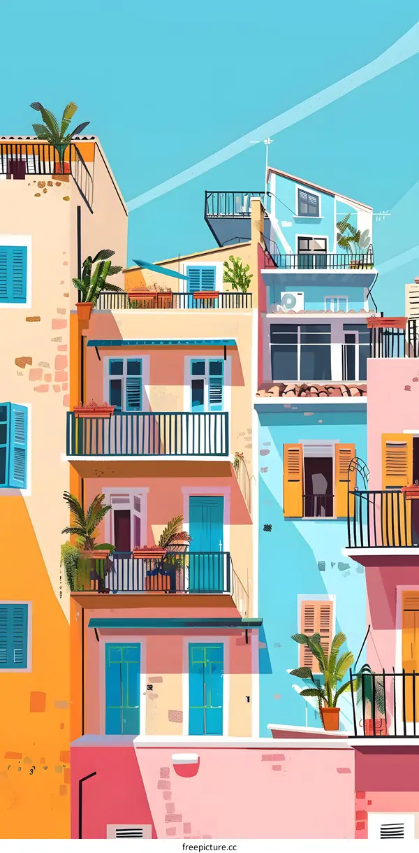 Colorful Mediterranean Buildings Illustration