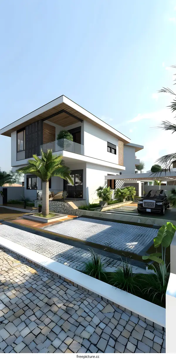 Modern House Design With Palm Trees And Stone Pavement